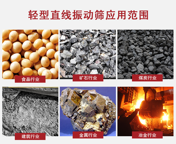 輕型直線振動(dòng)篩應(yīng)用范圍較廣多使用與顆粒狀，粉狀以及其它重型行業(yè)的輸送。
