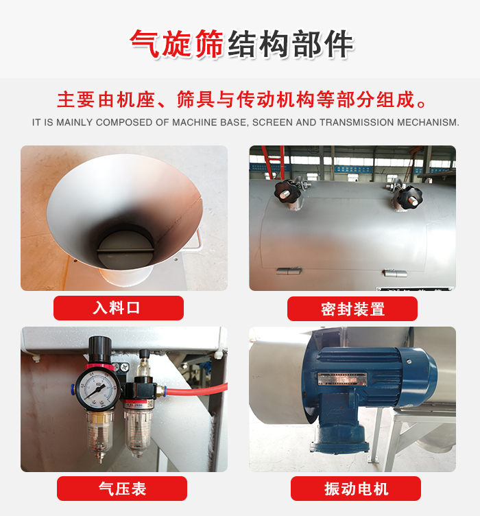 氣旋篩結構:入料口,密封裝置,電機,氣壓表等
